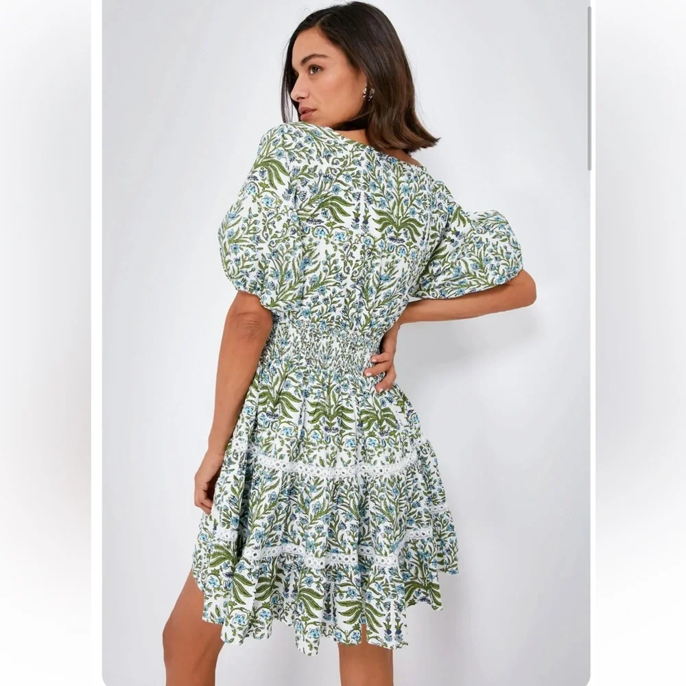 SAYLOR White Dress with Blue & Green Floral Trim - Picture 3 of 5